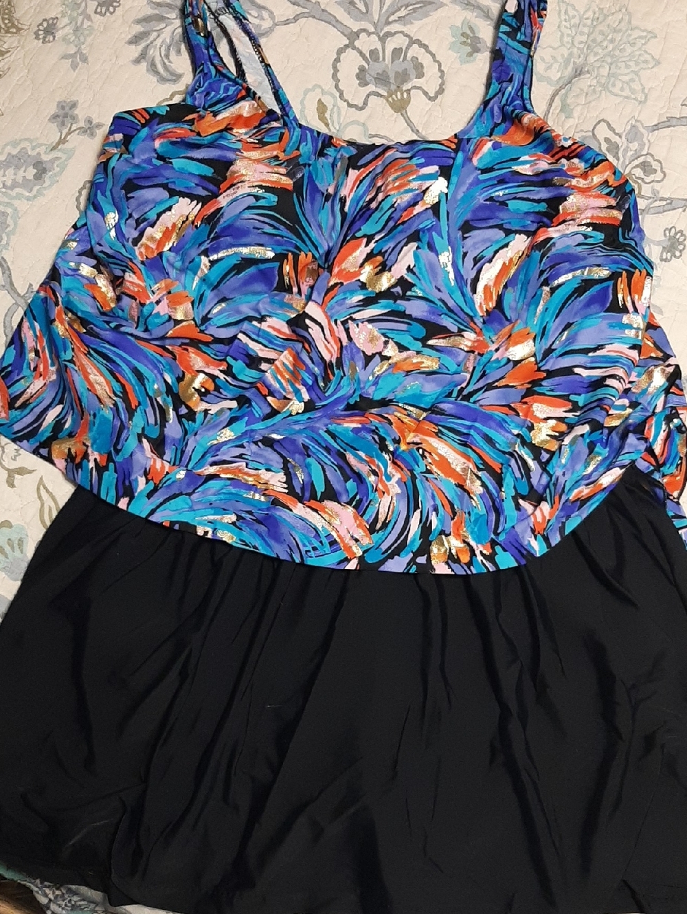 Maxine Vibrant Printed Tankini Top with Black Skirted Bottom